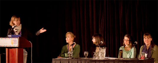 Dr. Jennifer Jenson (far left) introduces the Women in Games panelists at GRAND 2013. Photo by Jonathan Nuss.